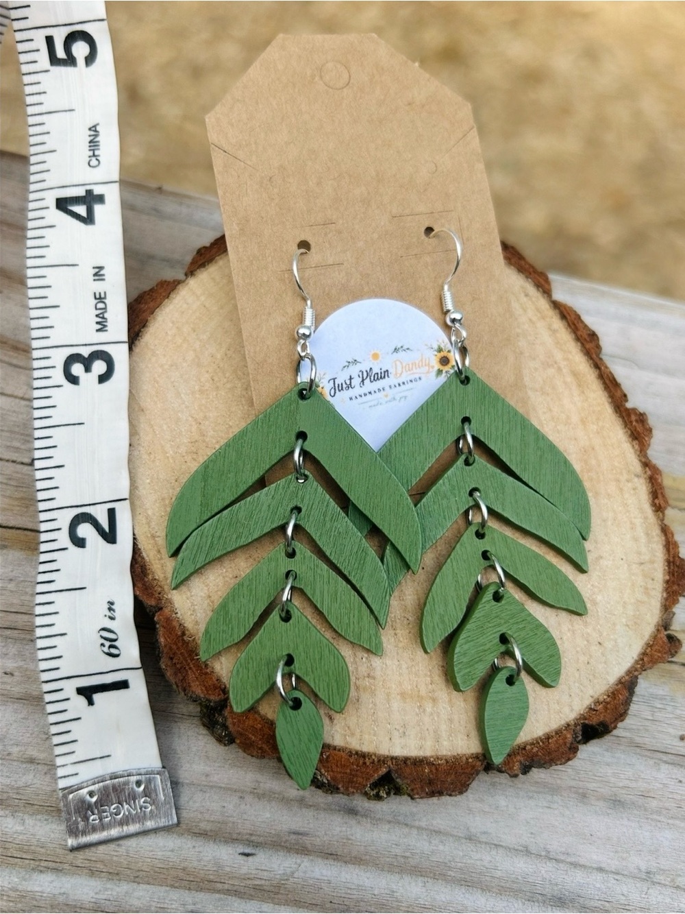 Sage Green Wooden Leaf Dangle Earrings Boho Nature Lightweight Handmade - Picture 3 of 3